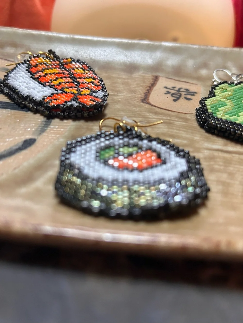 Handmade Beaded Sushi Earrings in Green, Orange, Black